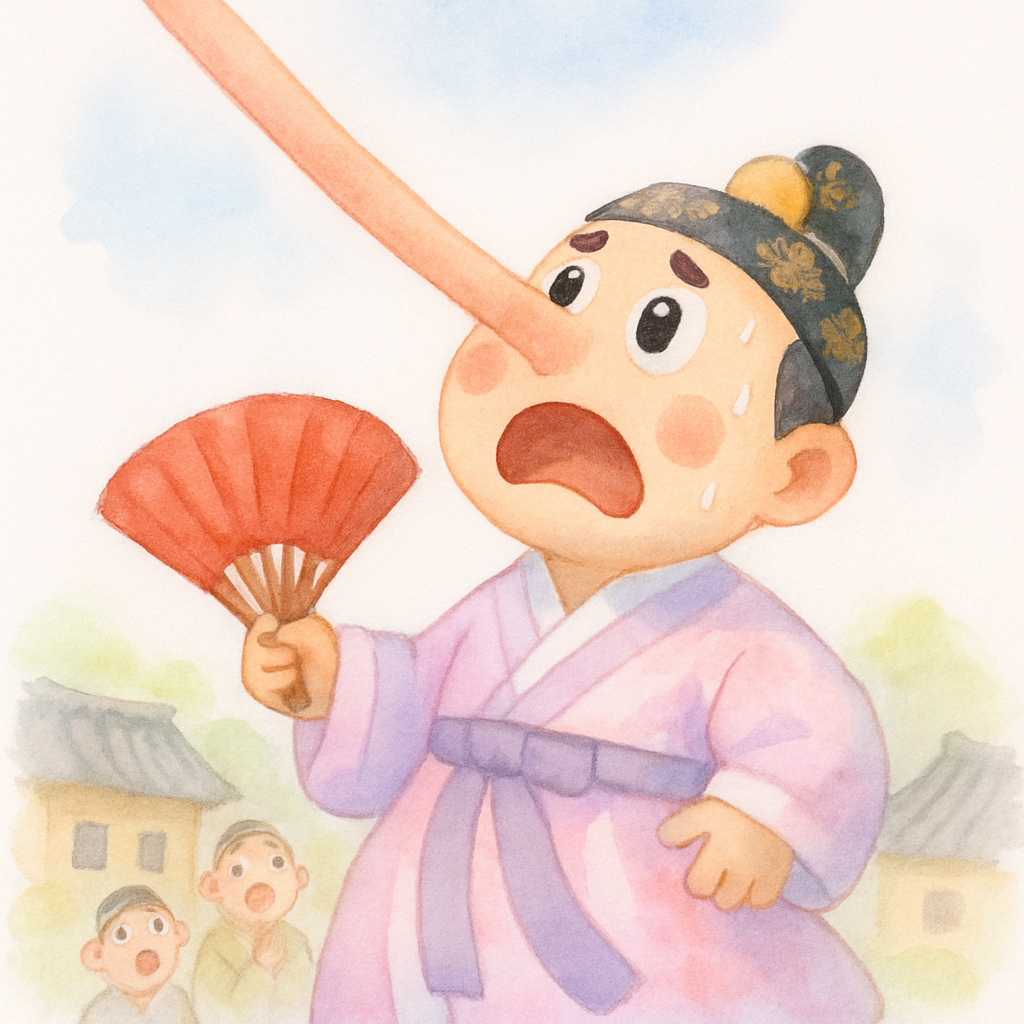 부자가 실수로 자기 코에 빨간 부채를 부쳐 코가 하늘까지 자라는 장면